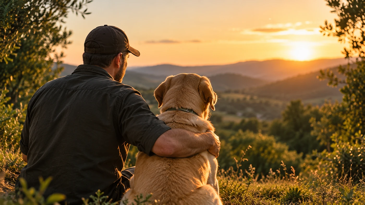 Uomo e cane osservano il tramonto in montagna