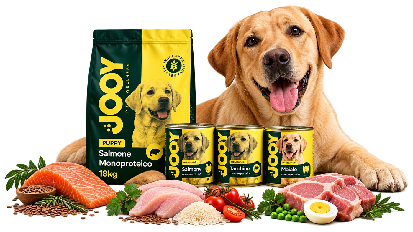 Labrador con sacco croccantini e lattine JOOY Salmone Monoproteico