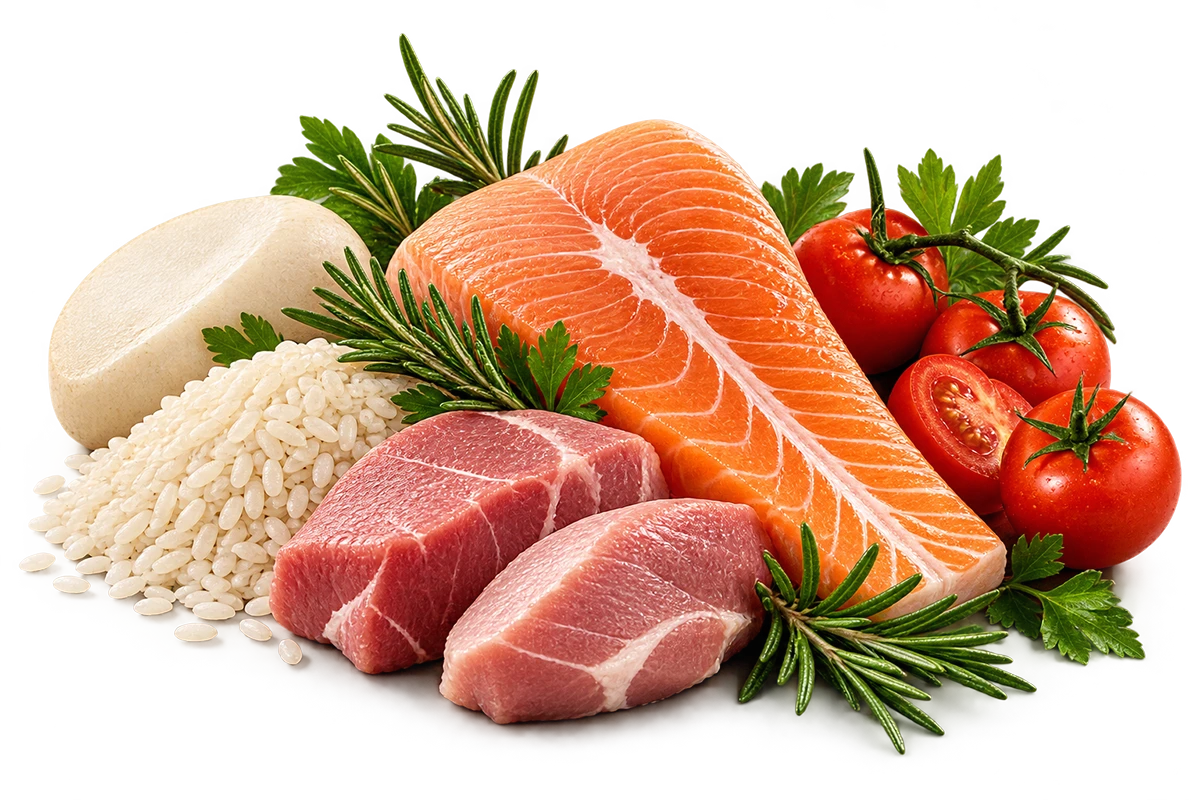 Salmone, carne, riso e pomodoro, ingredienti JOOY